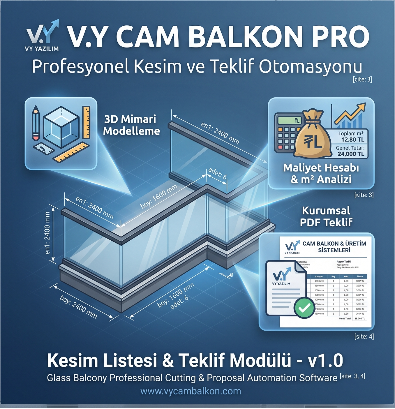 V.Y Cam Balkon Profesyonel Kesim ve Teklif Otomasyonu